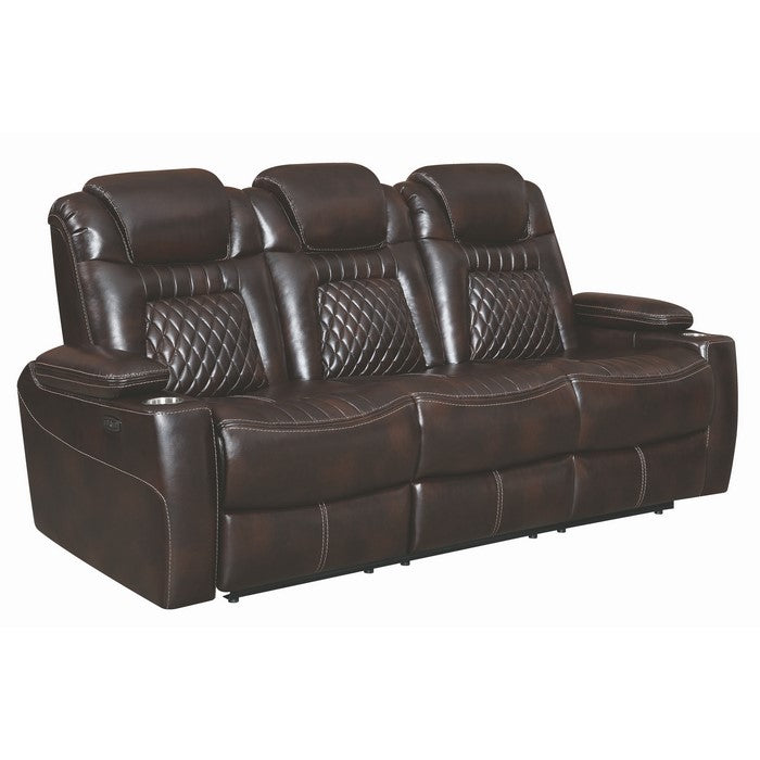 Leatherette Diamond Tufted Power Recliner Sofa with Drop Down Storage, Brown