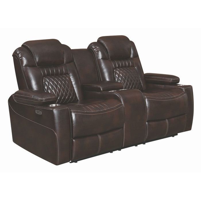 Leatherette Diamond Tufted Power Recliner Loveseat with Storage Console, Brown