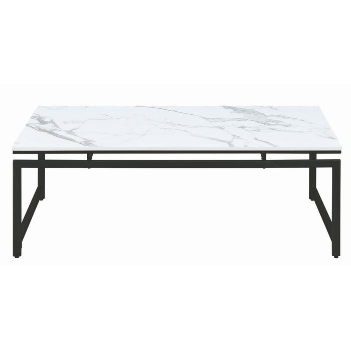 3 Piece Metal Base Occasional Table Set with Faux Marble Top, Black and White