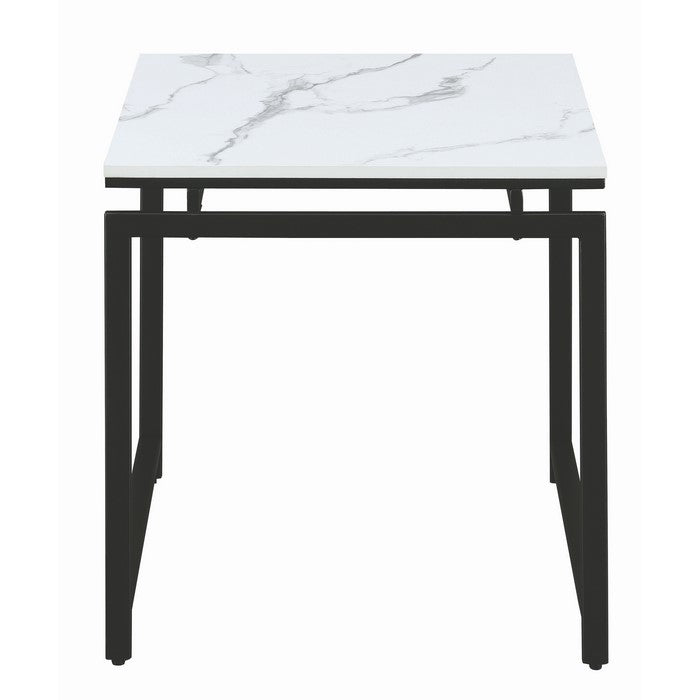 3 Piece Metal Base Occasional Table Set with Faux Marble Top, Black and White