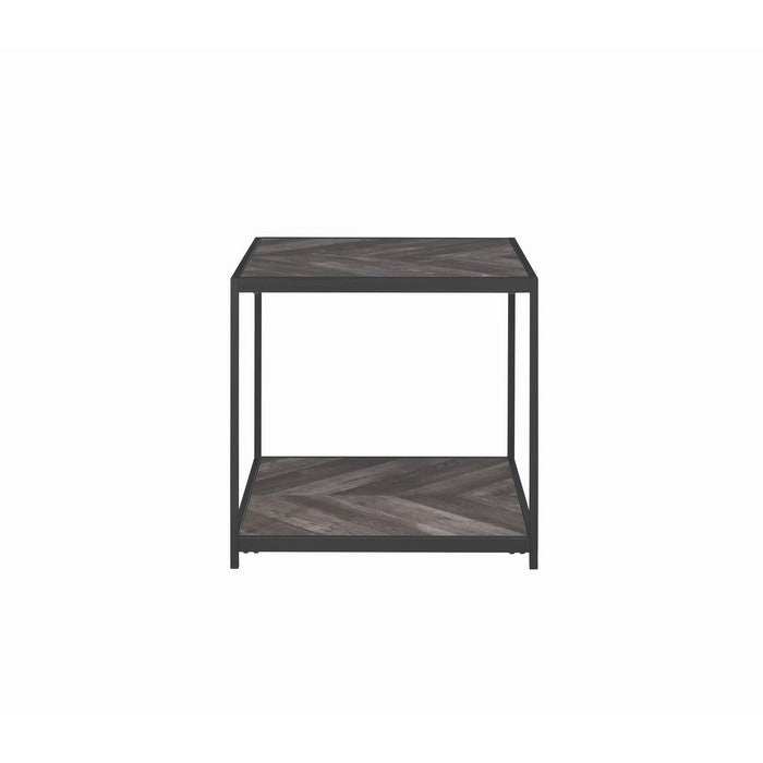 Metal Frame End Table with Wooden Top and Bottom Shelf, Black and Gray