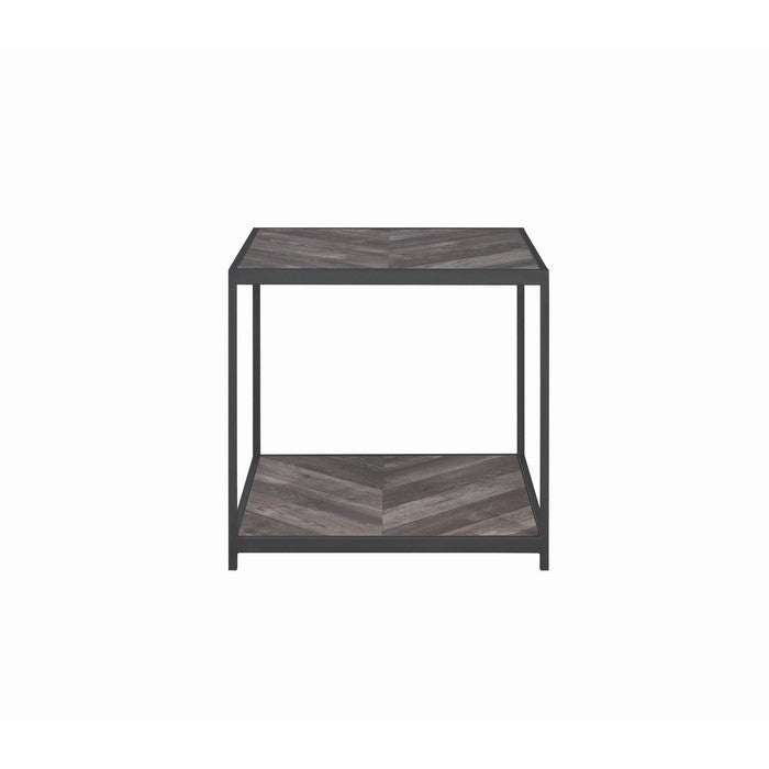 Metal Frame End Table with Wooden Top and Bottom Shelf, Black and Gray