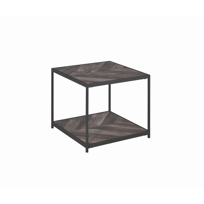 Metal Frame End Table with Wooden Top and Bottom Shelf, Black and Gray