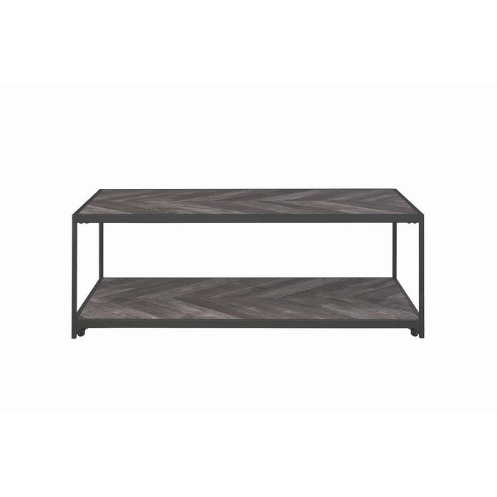 Metal Frame Coffee Table with Wooden Top and Bottom Shelf, Black and Brown