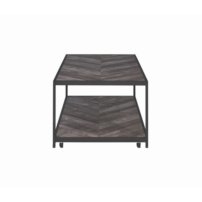 Metal Frame Coffee Table with Wooden Top and Bottom Shelf, Black and Brown