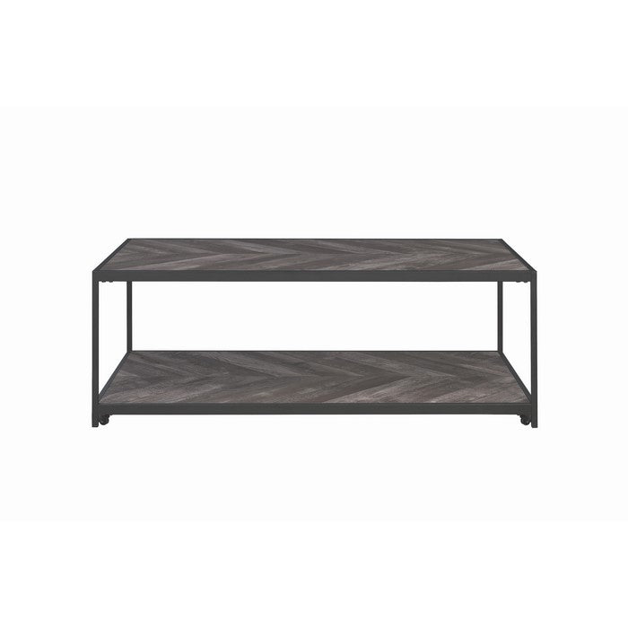 Metal Frame Coffee Table with Wooden Top and Bottom Shelf, Black and Brown