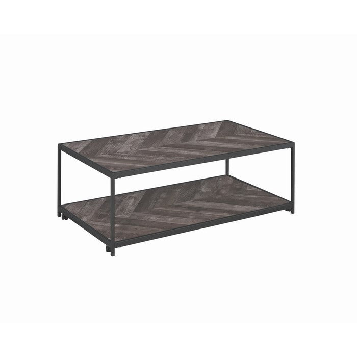 Metal Frame Coffee Table with Wooden Top and Bottom Shelf, Black and Brown
