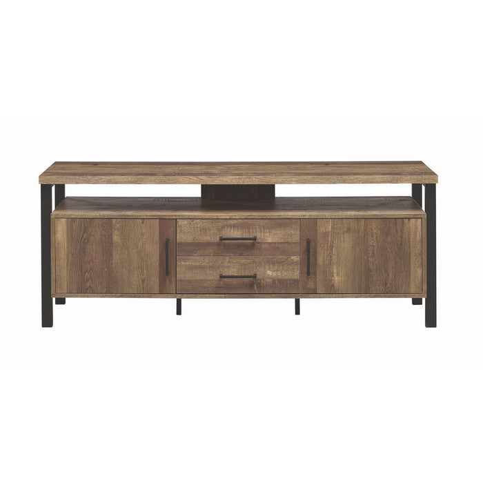 Industrial Design 58 Inch Wooden TV Console with Metal Legs and Open Shelf Storage, Brown