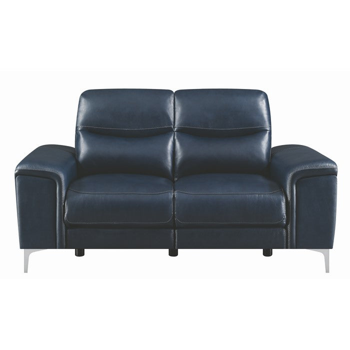 Leatherette Upholstered Dual Reclining Loveseat with Metal Legs and USB Port, Blue