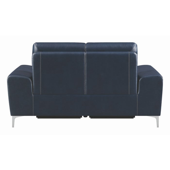 Leatherette Upholstered Dual Reclining Loveseat with Metal Legs and USB Port, Blue
