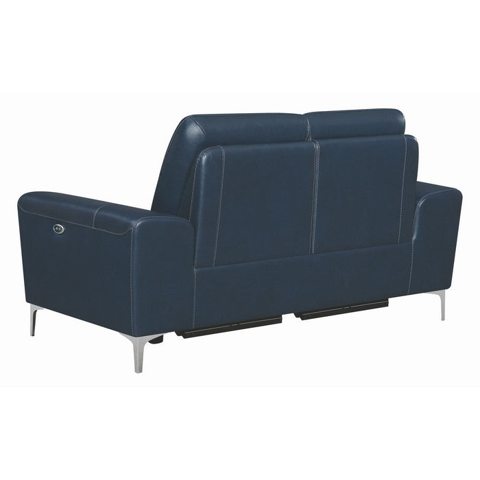 Leatherette Upholstered Dual Reclining Loveseat with Metal Legs and USB Port, Blue