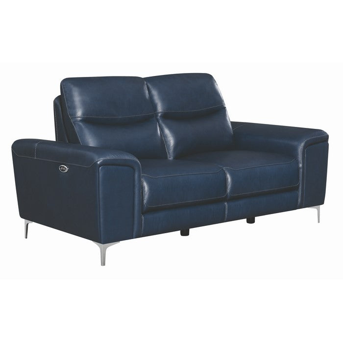 Leatherette Upholstered Dual Reclining Loveseat with Metal Legs and USB Port, Blue
