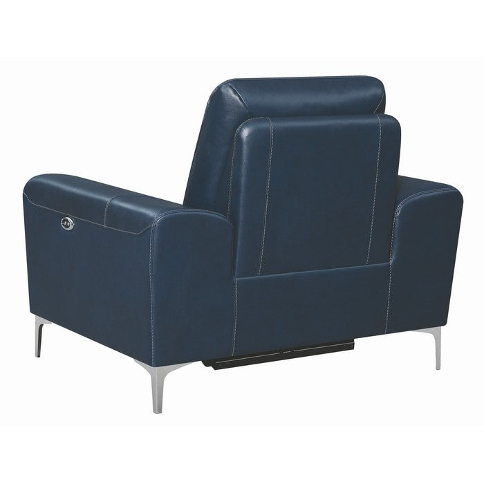 Leatherette Upholstered Power Recliner with Metal Legs and USB Port, Blue