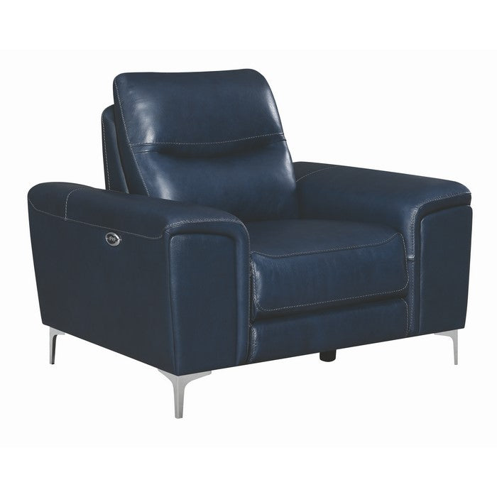 Leatherette Upholstered Power Recliner with Metal Legs and USB Port, Blue