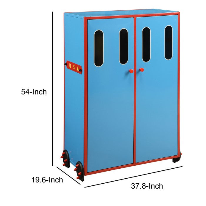 2 Door Metal and Wood Transitional Style Rectangular Wardrobe, Blue and Red