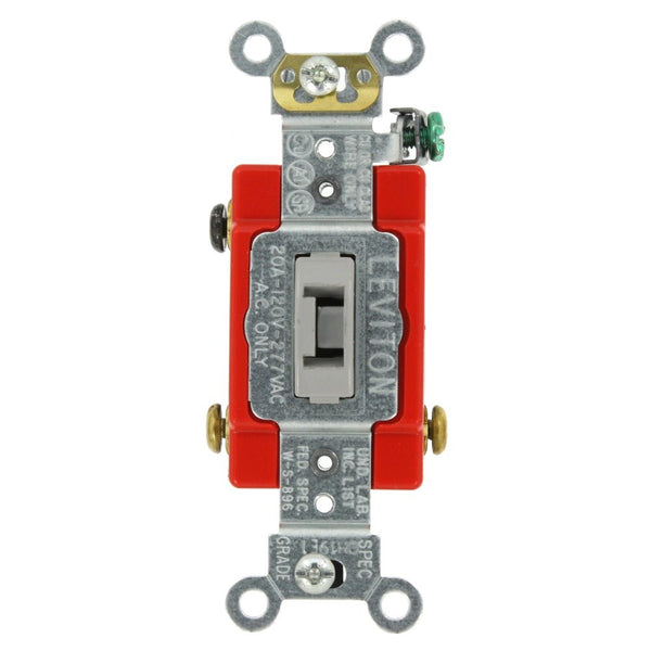 Leviton 1223-2GL 20-Amp, 120/277-Volt, Toggle Locking 3-Way AC Quiet Switch, Extra Heavy Duty Grade, Self Grounding, Back and Side Wired, Gray