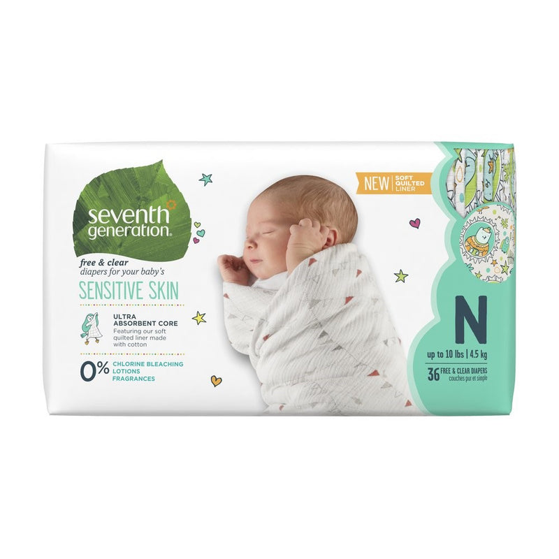 Seventh Generation Free and Clear Sensitive Skin Unbleached Newborn Baby Diapers with Animal Prints 36 Count