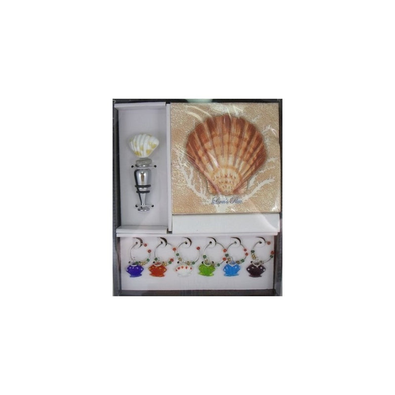 Lions Paw Seashell / Shell Wine Gift Set - Includes Stopper, 6 Charms and 20 Napkins