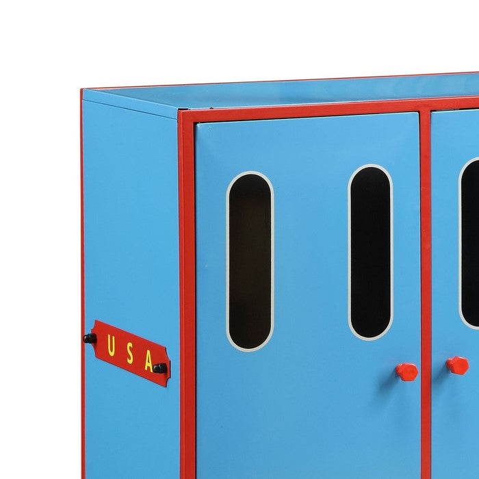 2 Door Metal and Wood Transitional Style Rectangular Wardrobe, Blue and Red