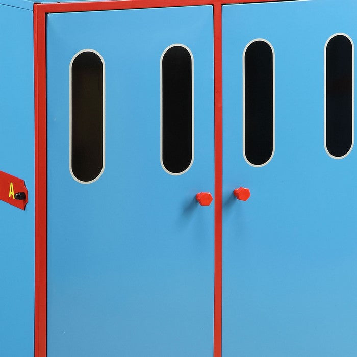 2 Door Metal and Wood Transitional Style Rectangular Wardrobe, Blue and Red