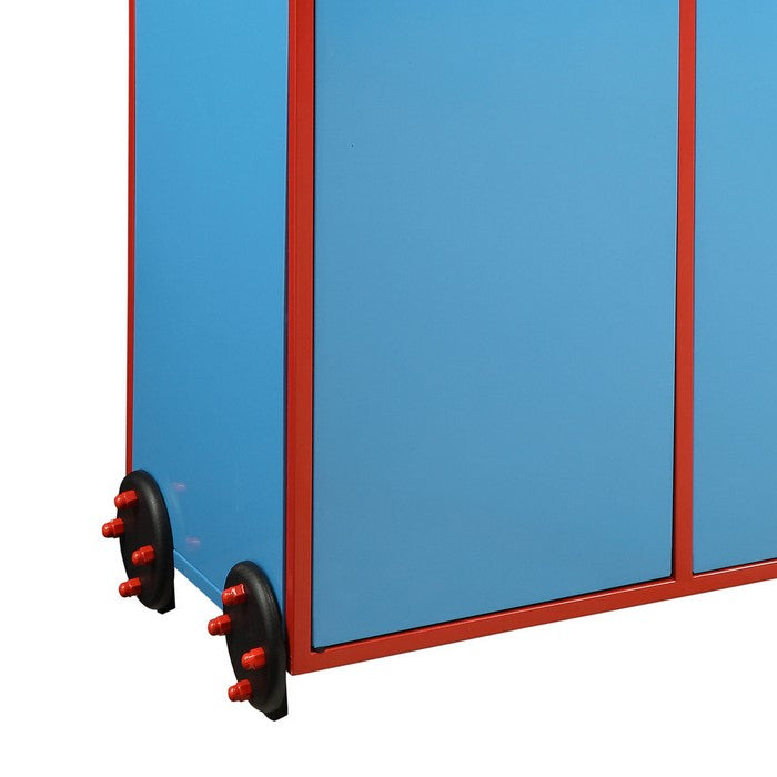 2 Door Metal and Wood Transitional Style Rectangular Wardrobe, Blue and Red
