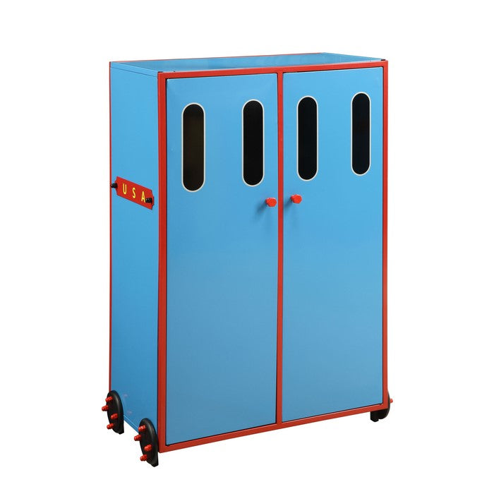 2 Door Metal and Wood Transitional Style Rectangular Wardrobe, Blue and Red