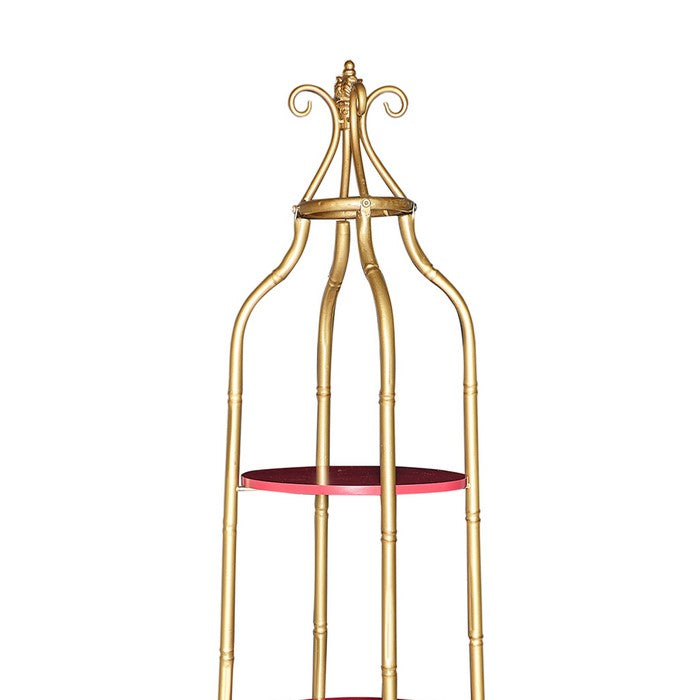 Wooden Cathedral Shelf with Metal Tubular Frame, Gold and Red