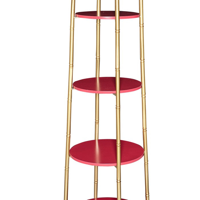 Wooden Cathedral Shelf with Metal Tubular Frame, Gold and Red