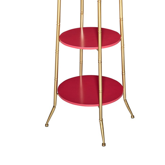 Wooden Cathedral Shelf with Metal Tubular Frame, Gold and Red