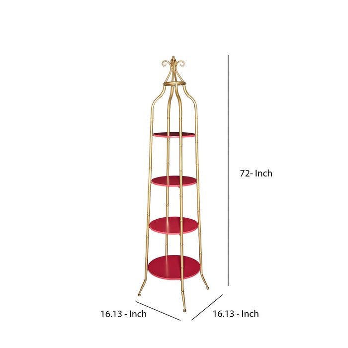 Wooden Cathedral Shelf with Metal Tubular Frame, Gold and Red
