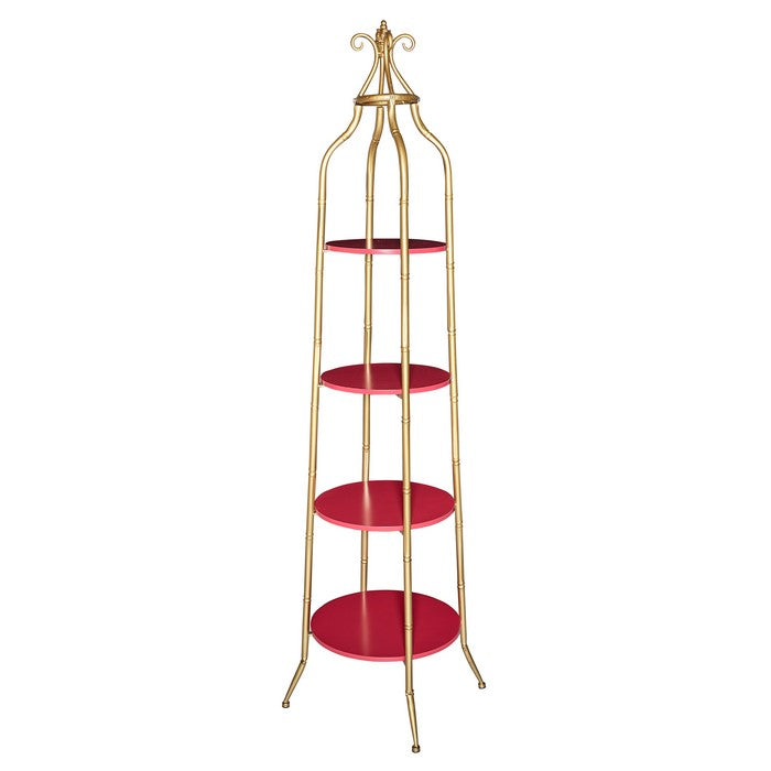 Wooden Cathedral Shelf with Metal Tubular Frame, Gold and Red