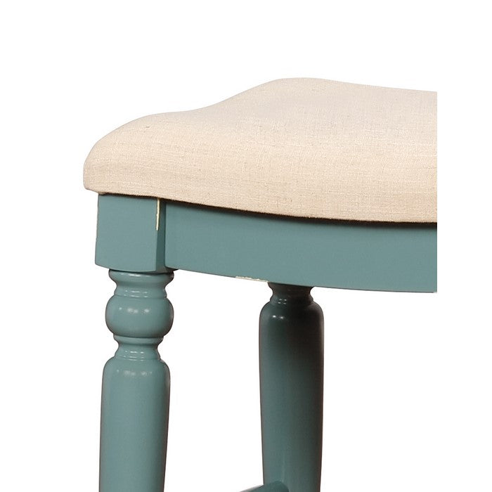 Saddle Top Wooden Counter Stool with Fabric Upholstery, Blue and Beige