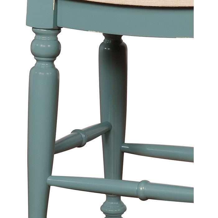 Saddle Top Wooden Counter Stool with Fabric Upholstery, Blue and Beige