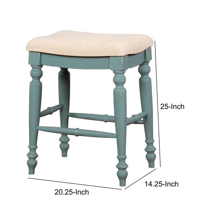 Saddle Top Wooden Counter Stool with Fabric Upholstery, Blue and Beige