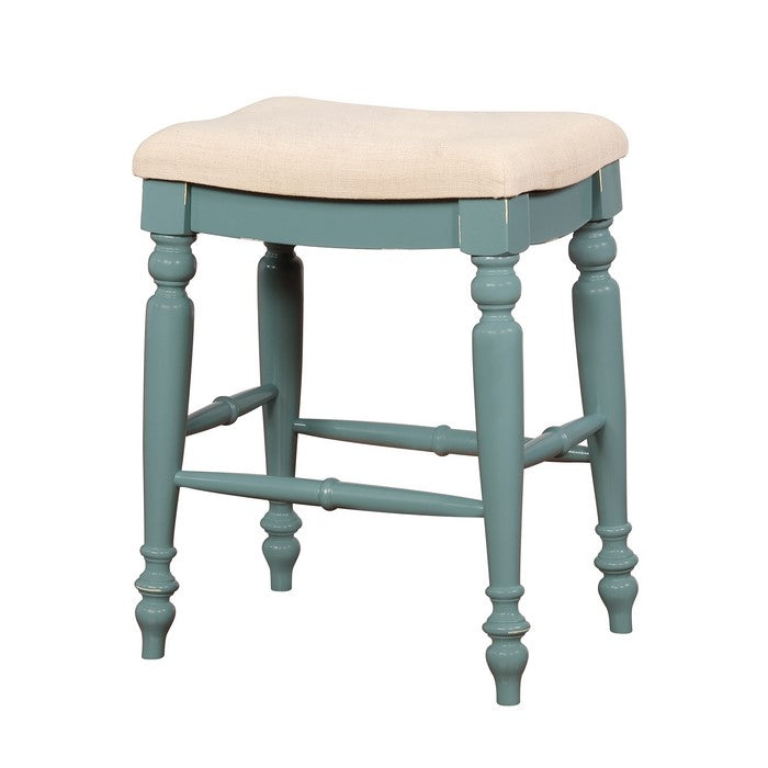 Saddle Top Wooden Counter Stool with Fabric Upholstery, Blue and Beige