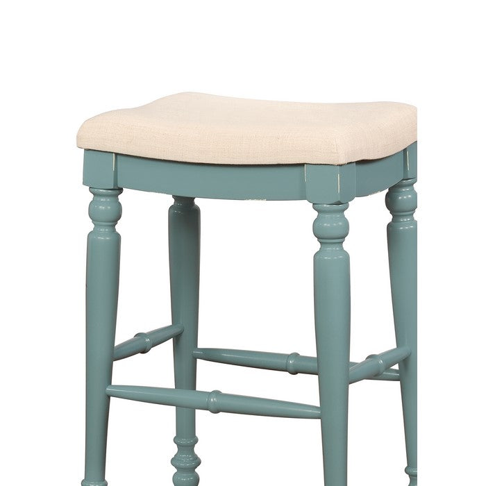 Saddle Top Wooden Bar Stool with Fabric Upholstery, Blue and Beige