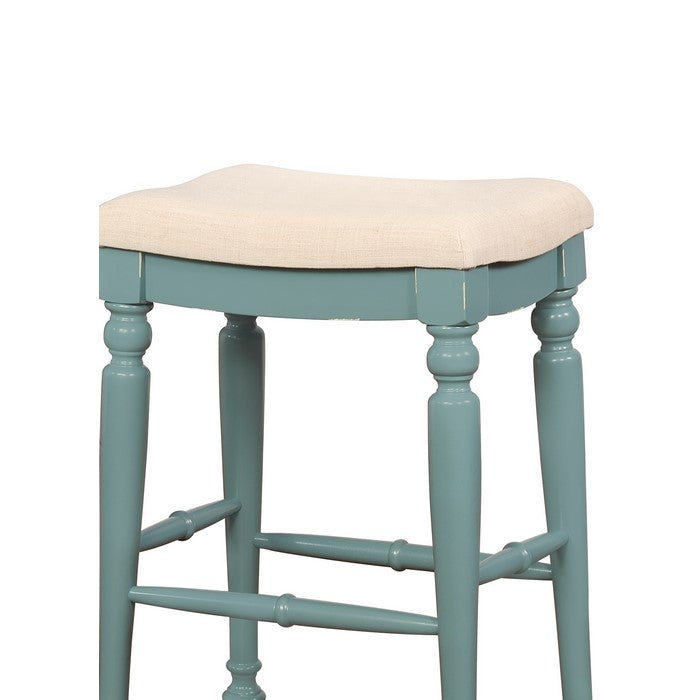 Saddle Top Wooden Bar Stool with Fabric Upholstery, Blue and Beige