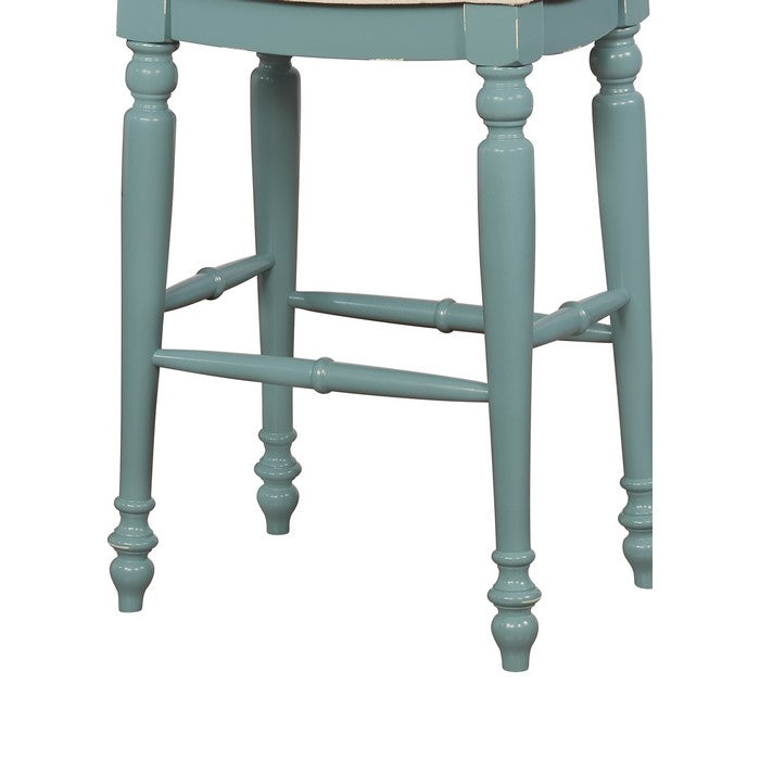 Saddle Top Wooden Bar Stool with Fabric Upholstery, Blue and Beige
