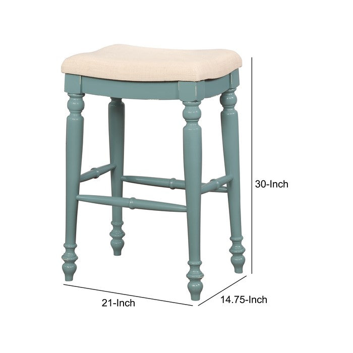 Saddle Top Wooden Bar Stool with Fabric Upholstery, Blue and Beige