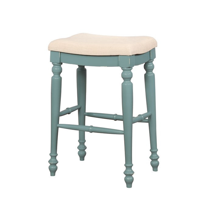 Saddle Top Wooden Bar Stool with Fabric Upholstery, Blue and Beige