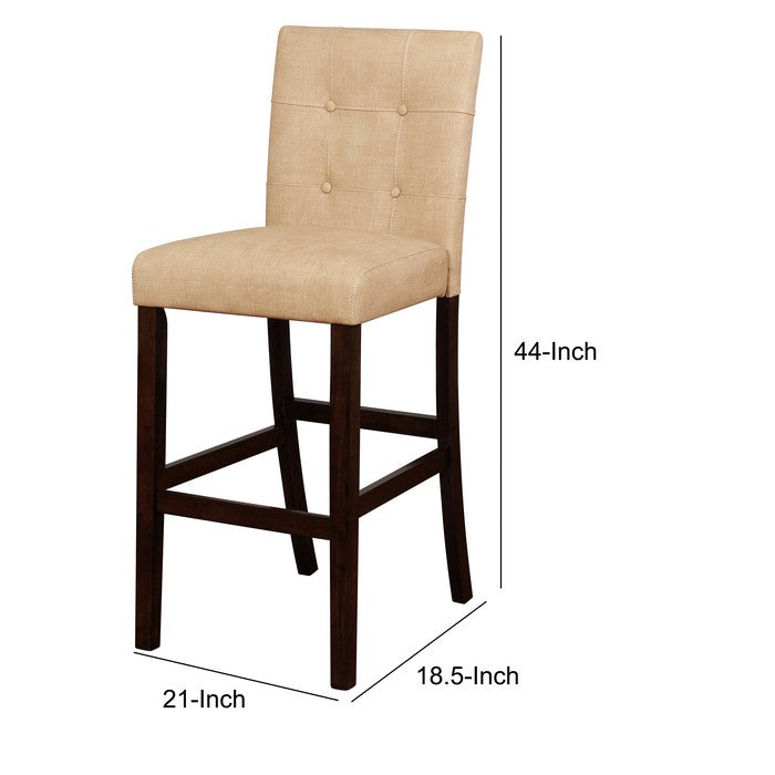Wooden Bar Stool with Button Tufted Backrest, Beige and Brown