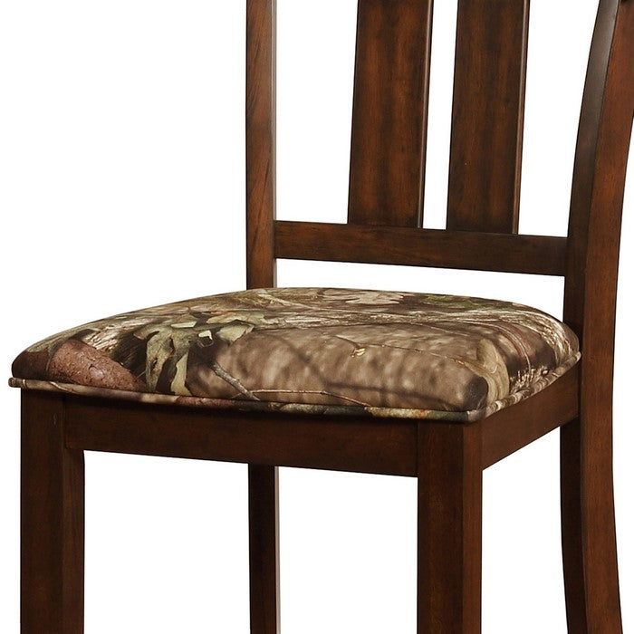 Wooden Counter Stool with Camouflage Fabric Seat, Green and Brown