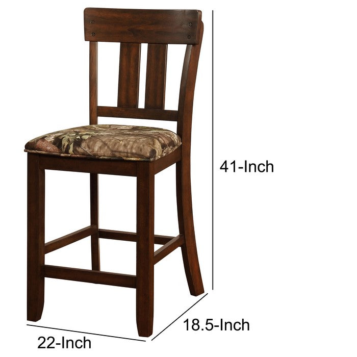 Wooden Counter Stool with Camouflage Fabric Seat, Green and Brown