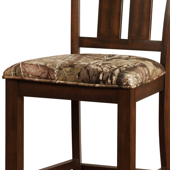 Wooden Bar Stool with Camouflage Fabric Seat, Brown
