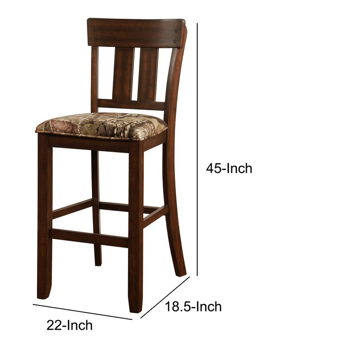 Wooden Bar Stool with Camouflage Fabric Seat, Brown