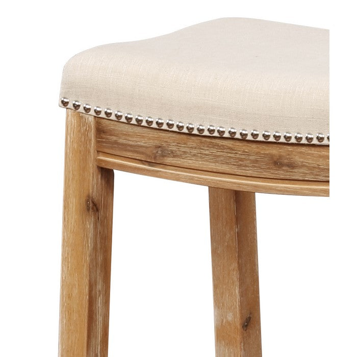 Saddle Top Wooden Counter Stool with Nailhead Accents, Brown and Beige