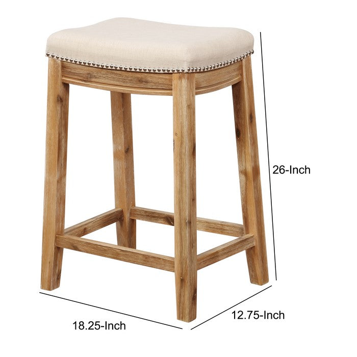 Saddle Top Wooden Counter Stool with Nailhead Accents, Brown and Beige