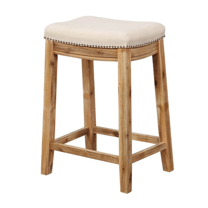 Saddle Top Wooden Counter Stool with Nailhead Accents, Brown and Beige