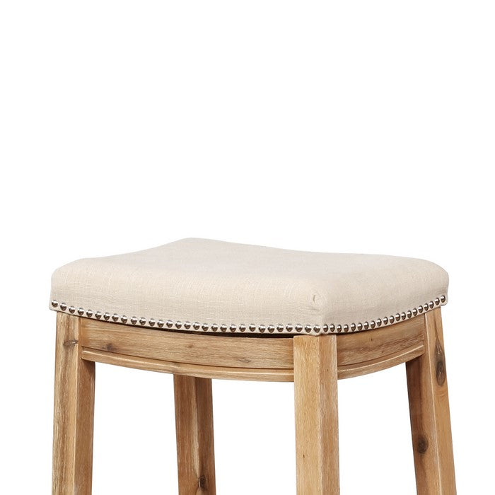 Saddle Top Wooden Bar Stool with Nailhead Accents, Brown and Beige