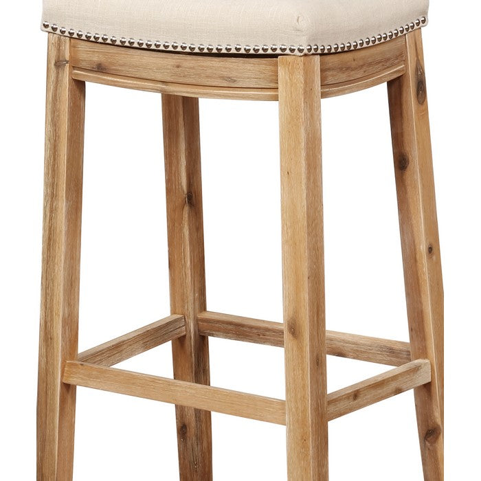 Saddle Top Wooden Bar Stool with Nailhead Accents, Brown and Beige